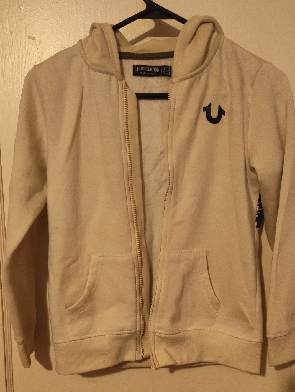 True Religion Cream Zip-Up Hoodie with Black Horseshoe